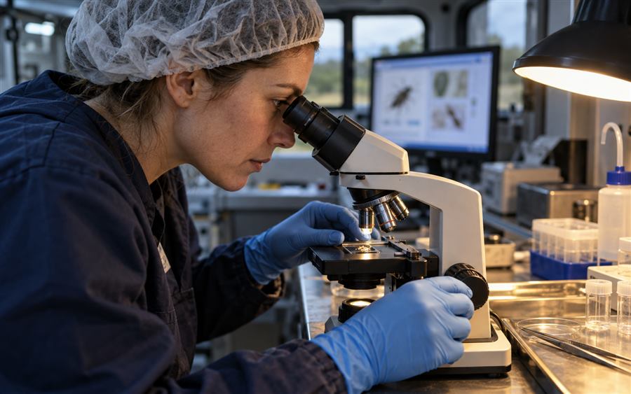 Técnica da ProteGe analisando amostra em laboratório