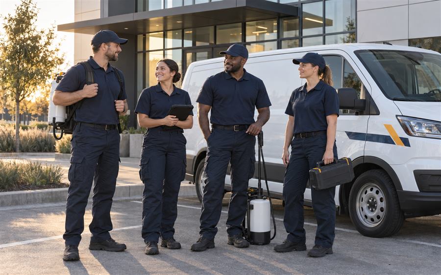 Equipe da ProteGe ao lado do veículo de serviço